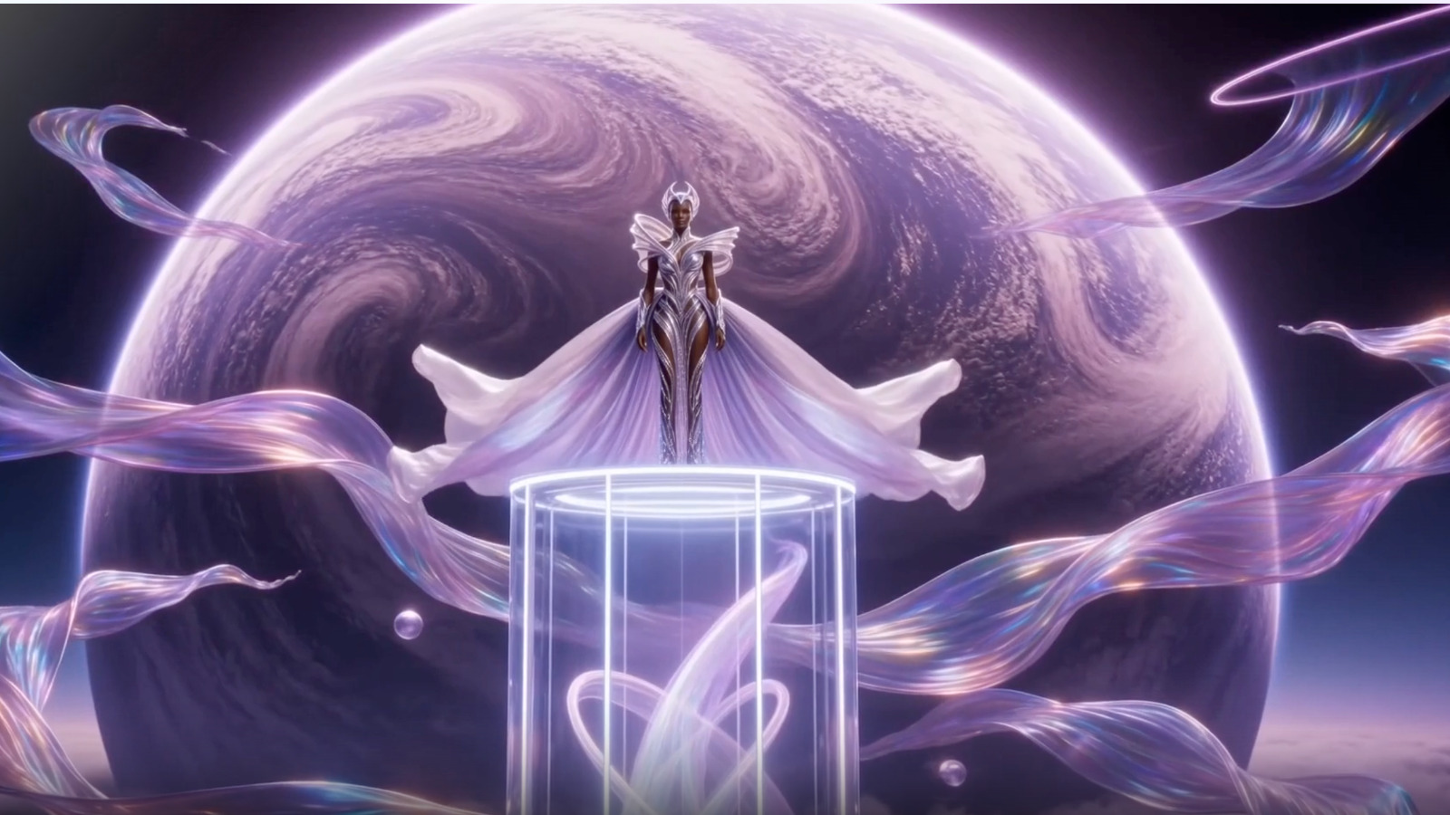 Cinematic goddess standing before a luminous planet