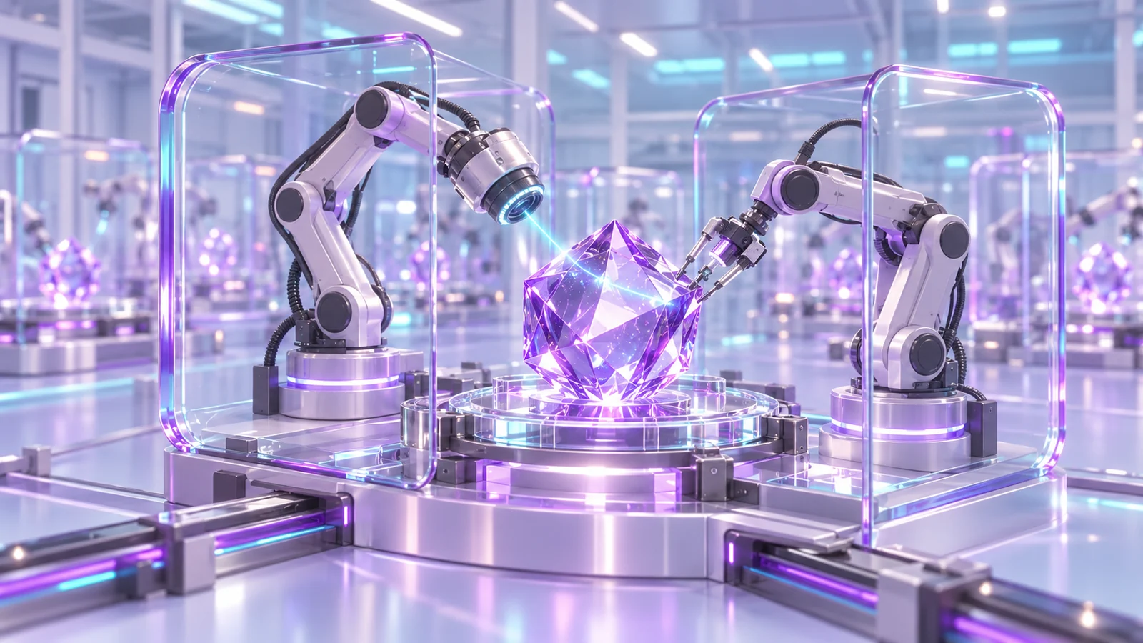 Two glass robotic arms inspecting a violet crystalline artifact
