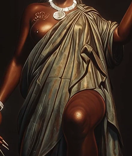 Close detail of sculpted drapery and bronze material in Chocolate Woman