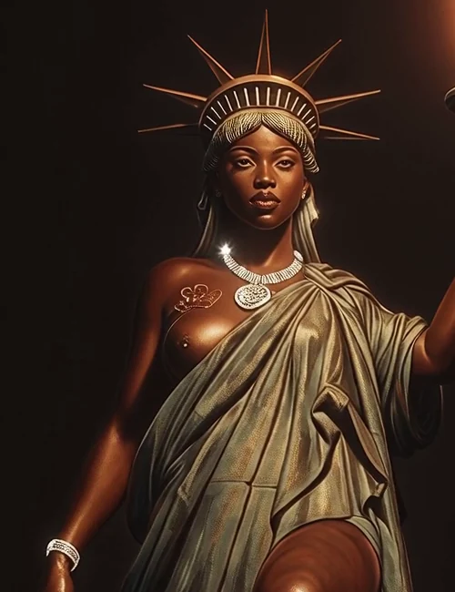 Close detail of the Chocolate Woman face, crown, and bronze sculpture finish