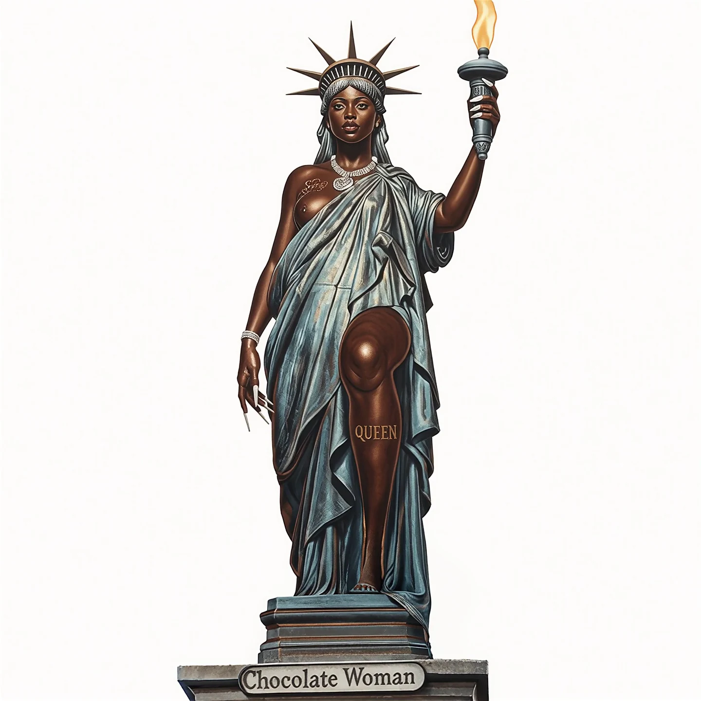 Chocolate Woman in the original motion piece: the sculptural cover identity held in a full-frame lighting transition.
