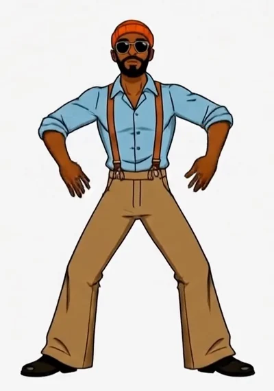 CharliBereal animated character in an orange beanie, blue shirt, and flared trousers