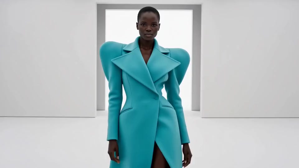 Cinematic Dream Mode model in a sculptural cyan look