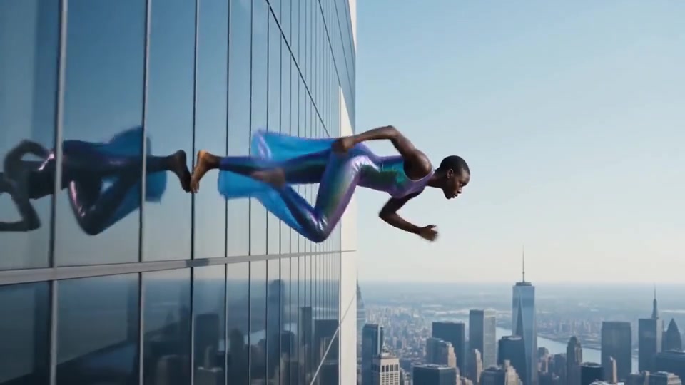 Impossible-scale cinematic action against a glass tower