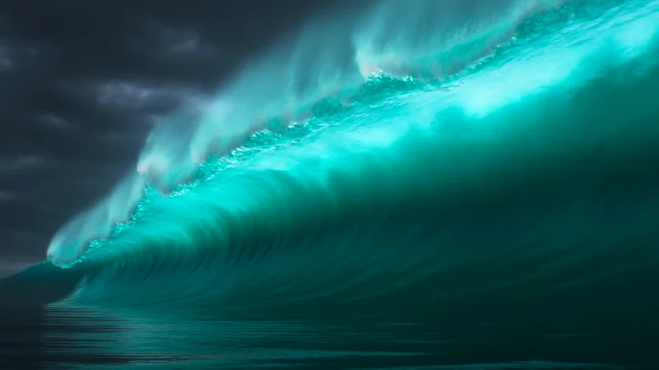 A luminous turquoise wave curling through the Cinematic Dream Mode film