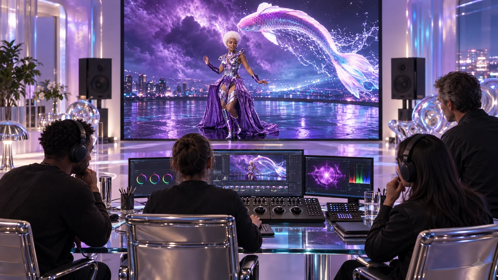 Creative team reviewing Pri$$y’s koi-lit performance in a luminous finishing room