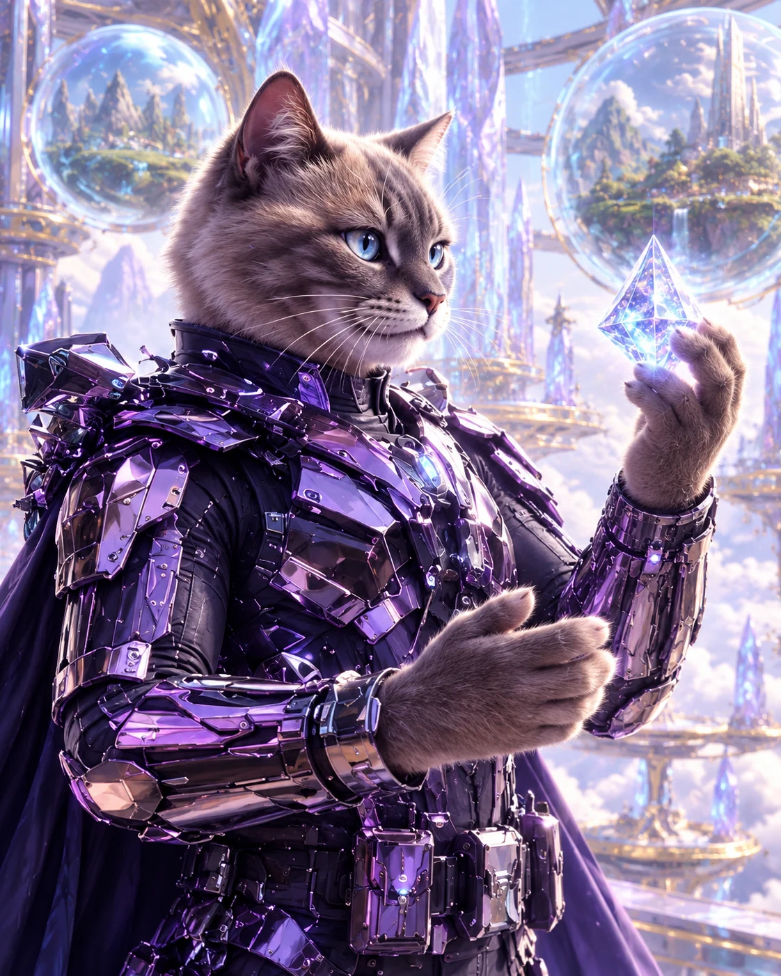 Grey KopyKat agent in violet crystalline armor holding a luminous memory crystal