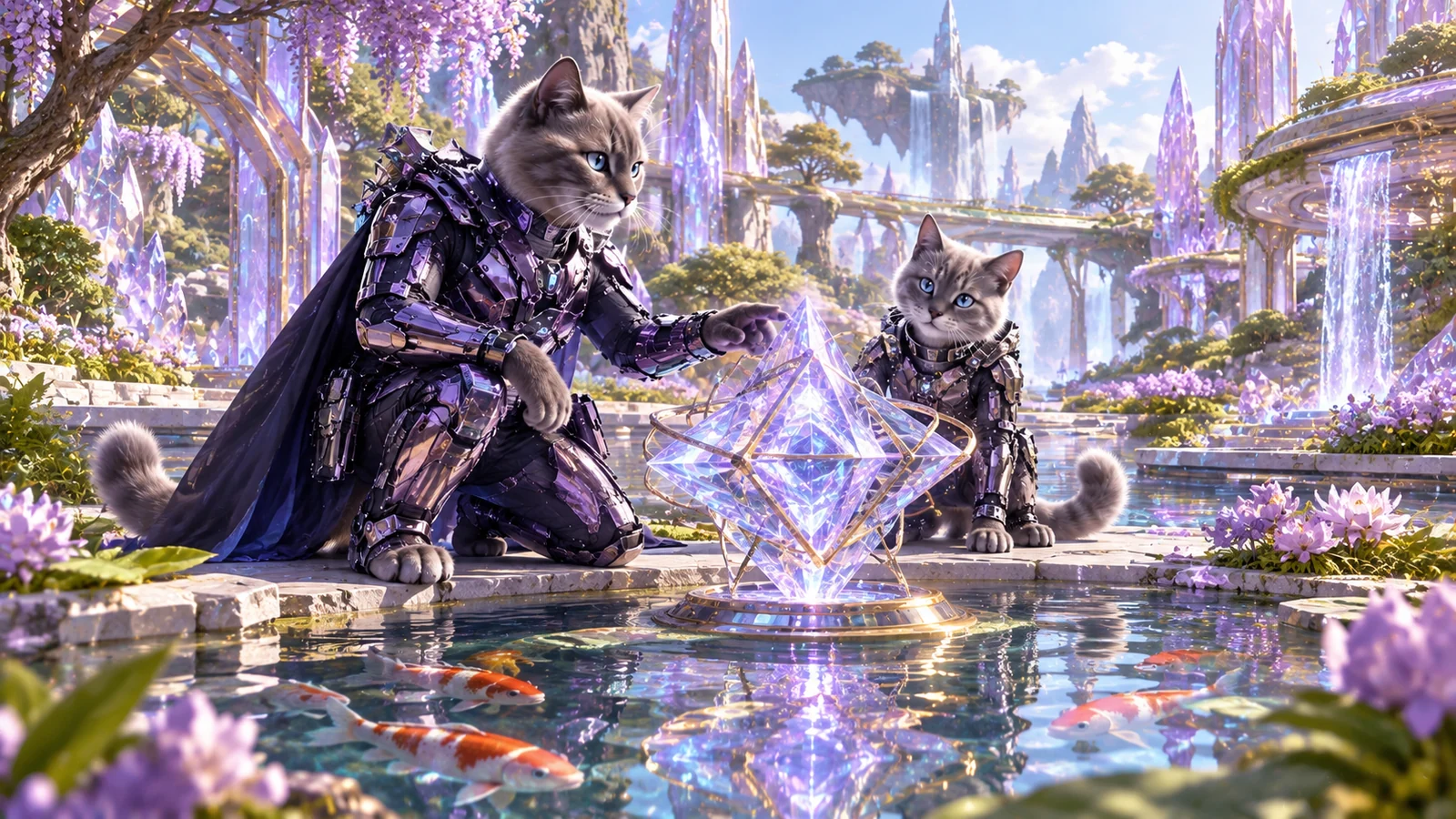 Two KopyKatz agents learning beside a luminous koi pond
