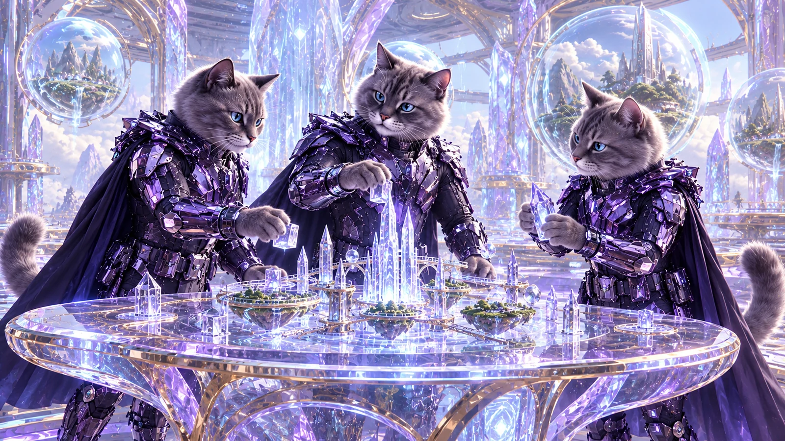 Three armored KopyKatz agents collaborating around a glass city model