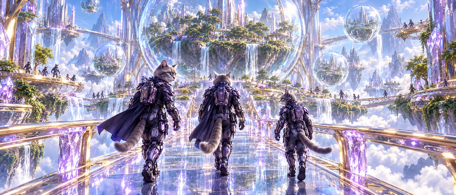 KopyKatz world study: the agents cross a glass bridge into a persistent city.