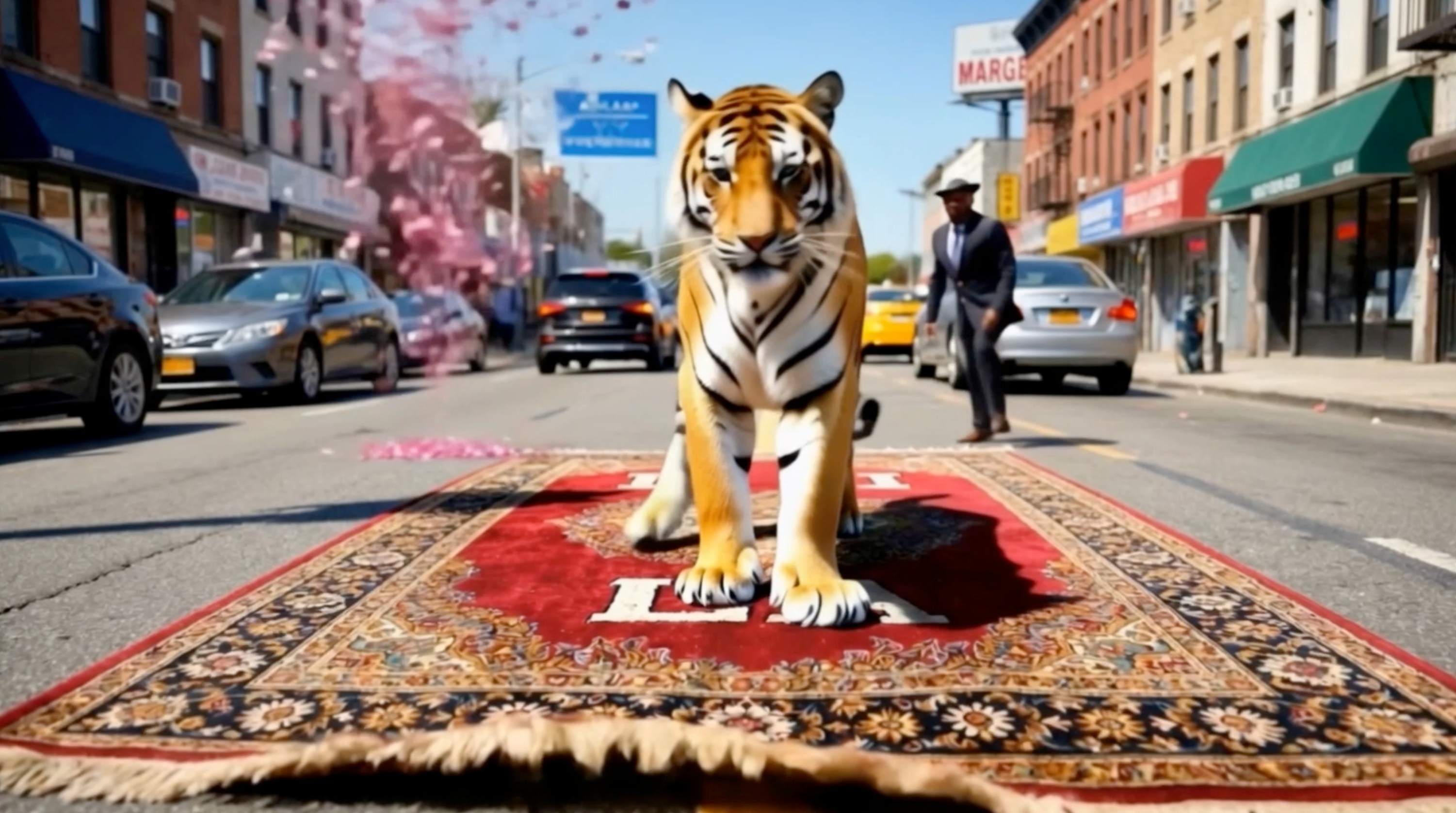 Tiger standing on rug in street