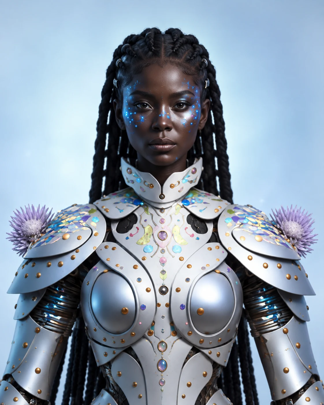 Braided Black woman in pale blue botanical armor with luminous blue facial markings