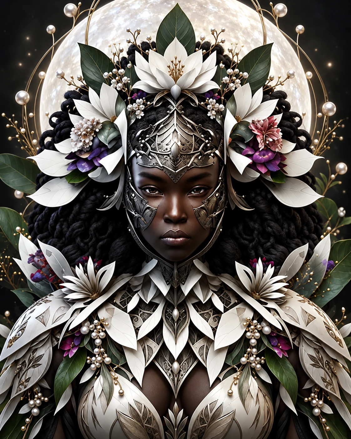 Character portrait with an elaborate botanical crown and dark floral armor