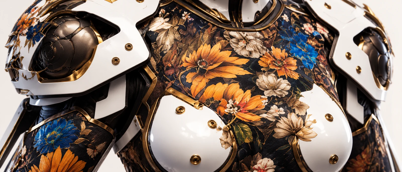 A costume detail study unites porcelain armor, gold construction, and a botanical textile.