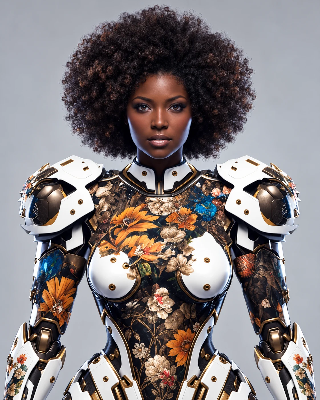 Black woman with natural curls wearing white porcelain armor with orange botanical details