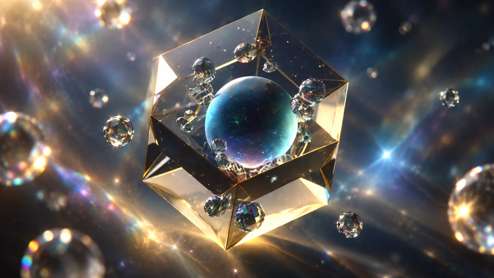 Blue QCell core suspended inside a faceted gold crystalline structure