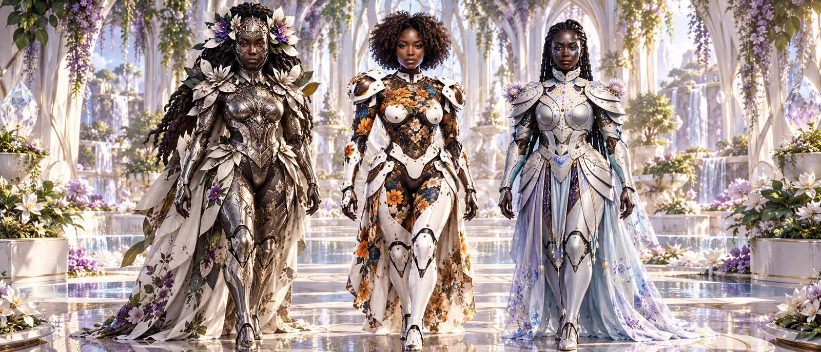 Three characters developed from public concept artwork, brought together in a luminous botanical world