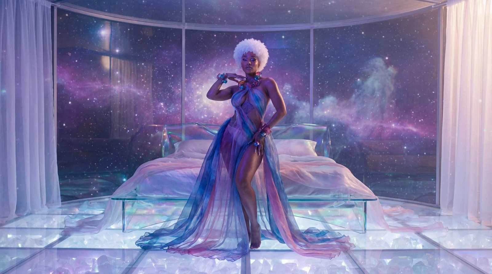 Pri$$y in a violet glass performance environment