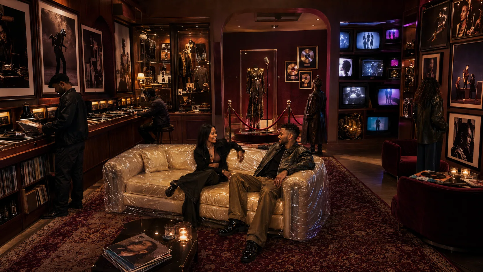 Vintage House 90’s Room concept with music portraits, gold records and glowing vintage televisions