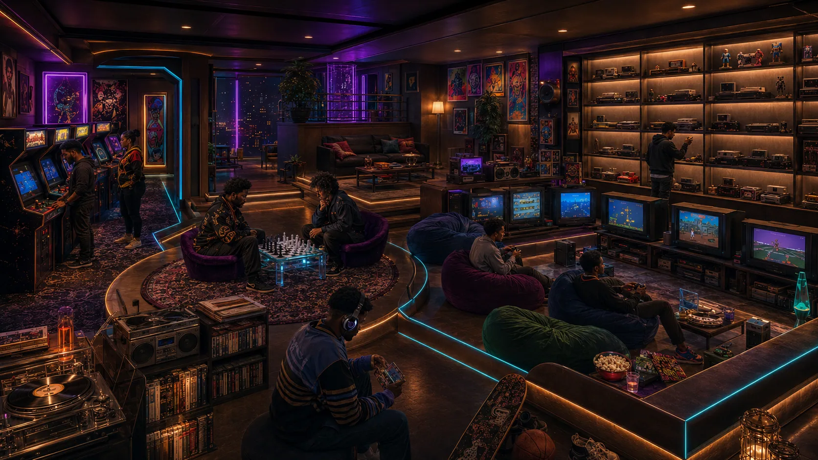Vintage House Game Room concept with arcade cabinets and retro consoles