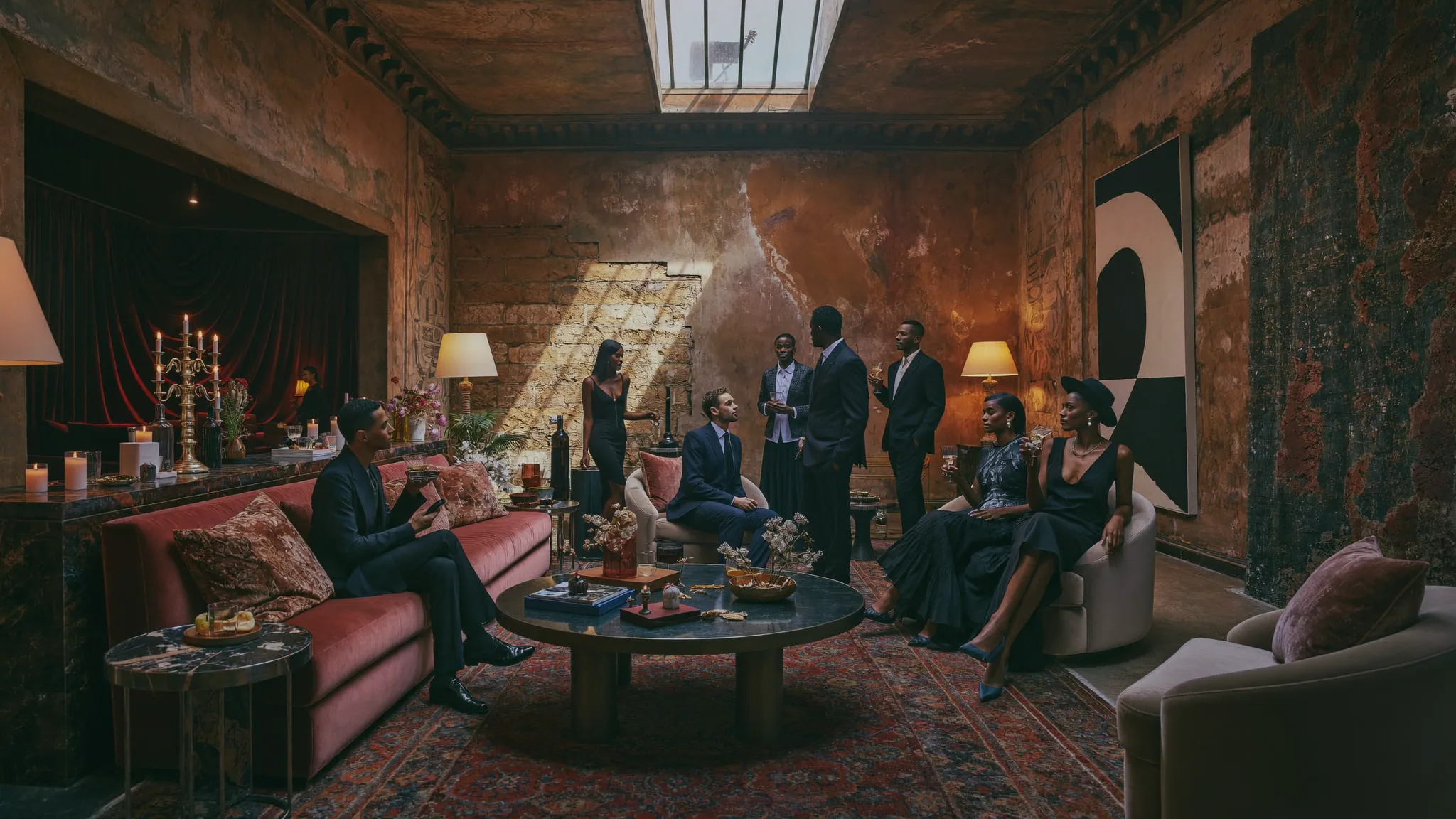 Vintage House Lounge concept with textured walls, velvet seating and an intimate gathering