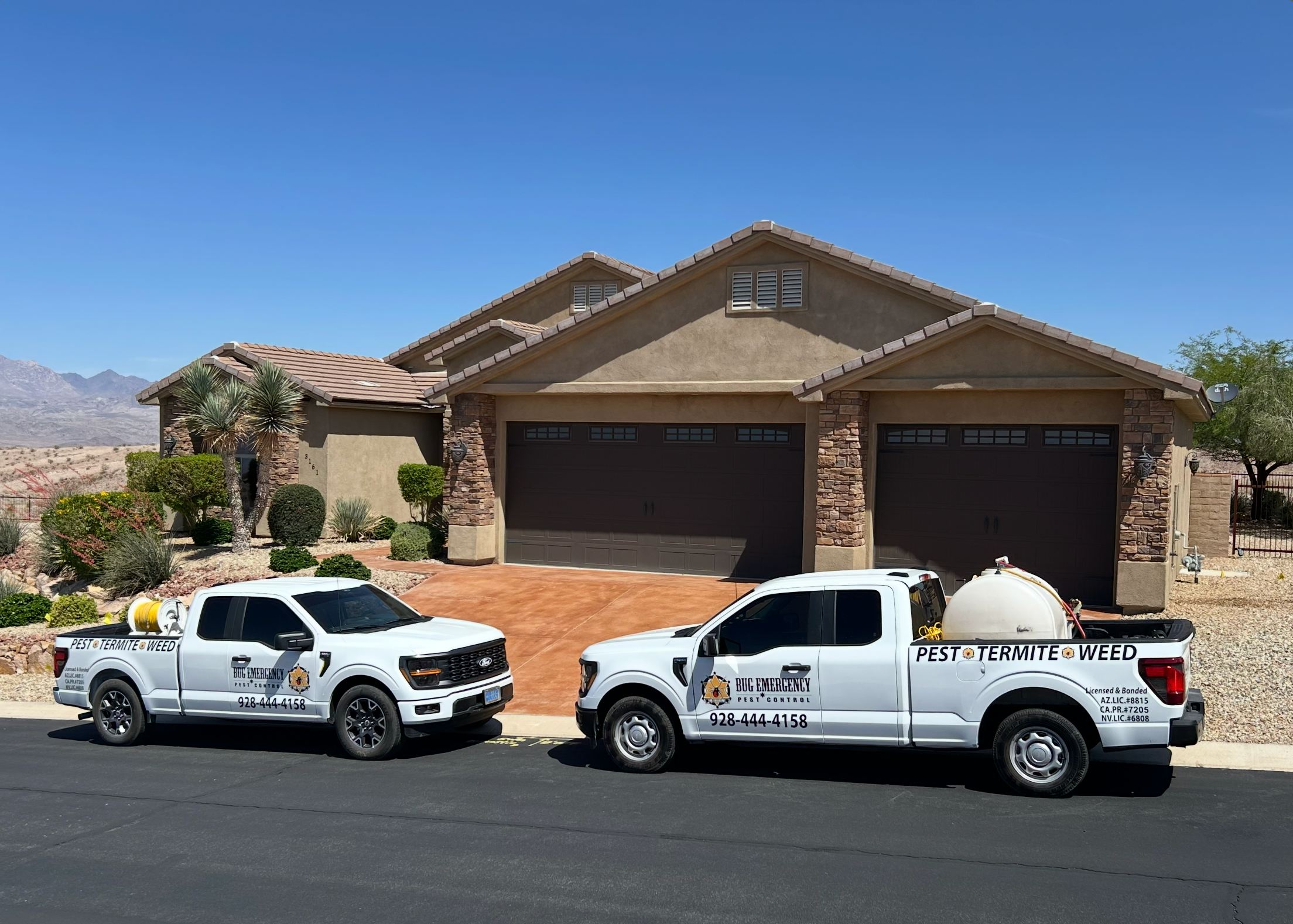 Bug Emergency pest control trucks servicing a residential home