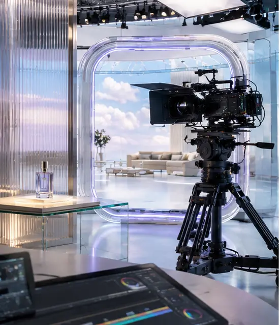 Cinema camera capturing a premium product on a bright commercial stage