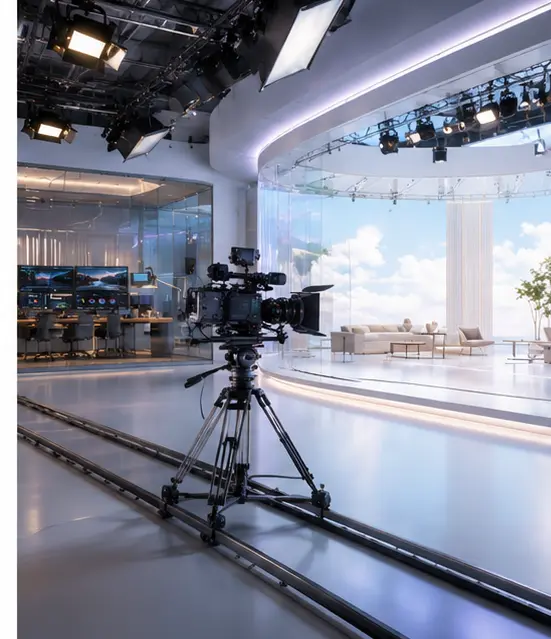 Premium film stage with camera, lighting, and production floor in active alignment
