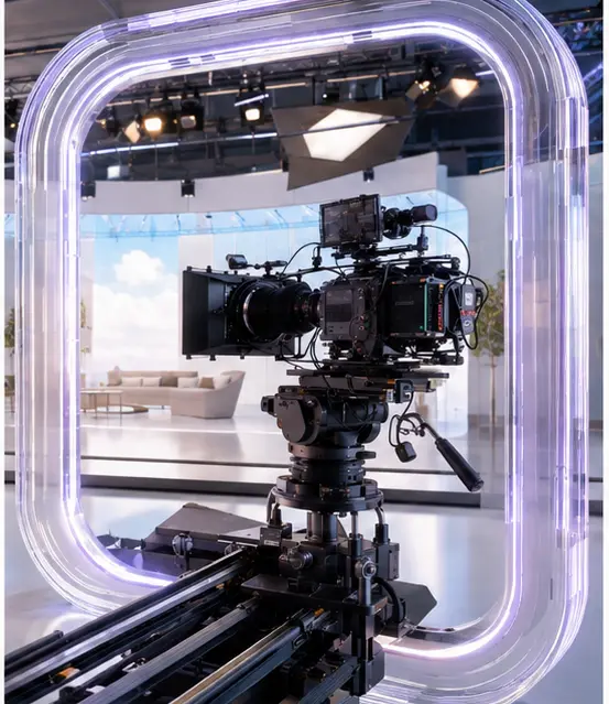 Cinema camera framed inside a luminous IPXS production portal