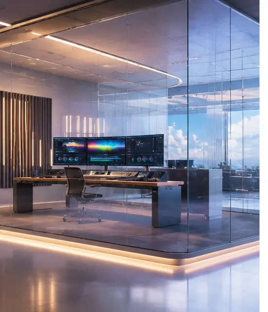 Editorial and monitoring suite overlooking the production stage