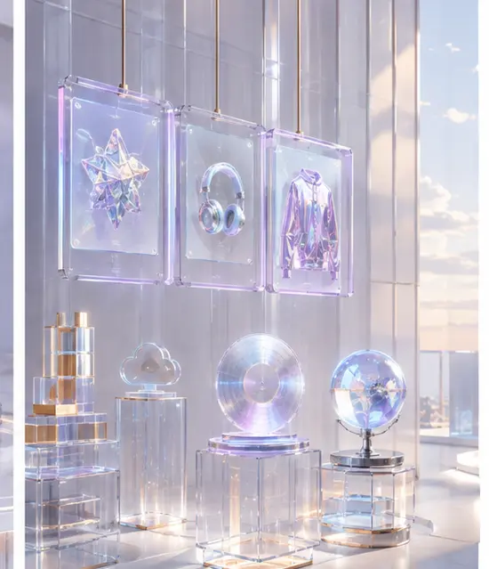 Connected artist identity, product, and campaign objects in glass chambers