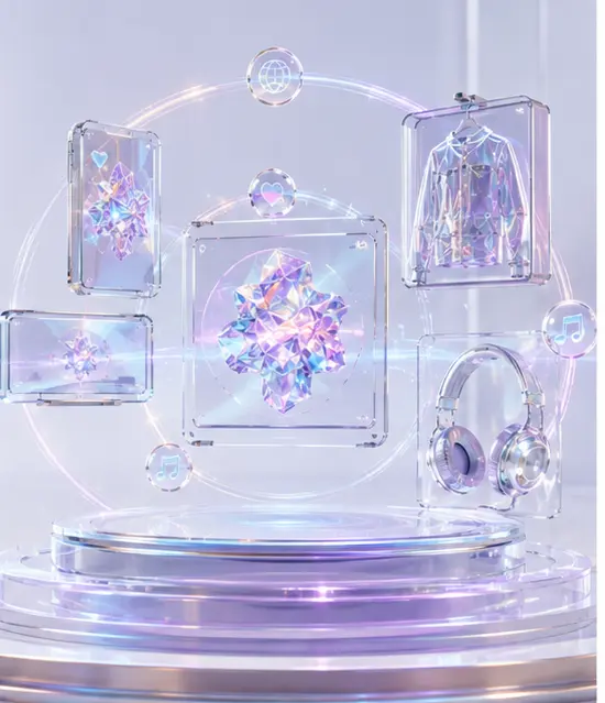 Platform-ready campaign formats displayed in premium glass frames