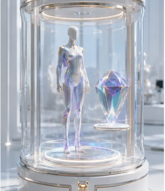 Hero persona preserved inside a premium transparent display chamber
