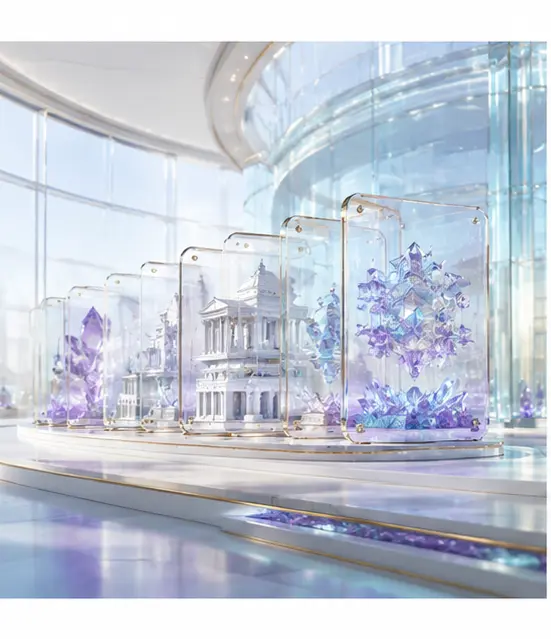 Investor story panels arranged inside a luminous presentation environment