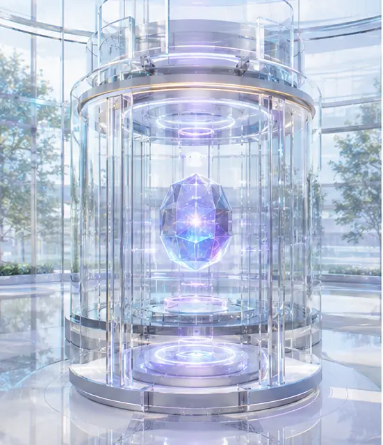 Protected glass security vault with a luminous identity core