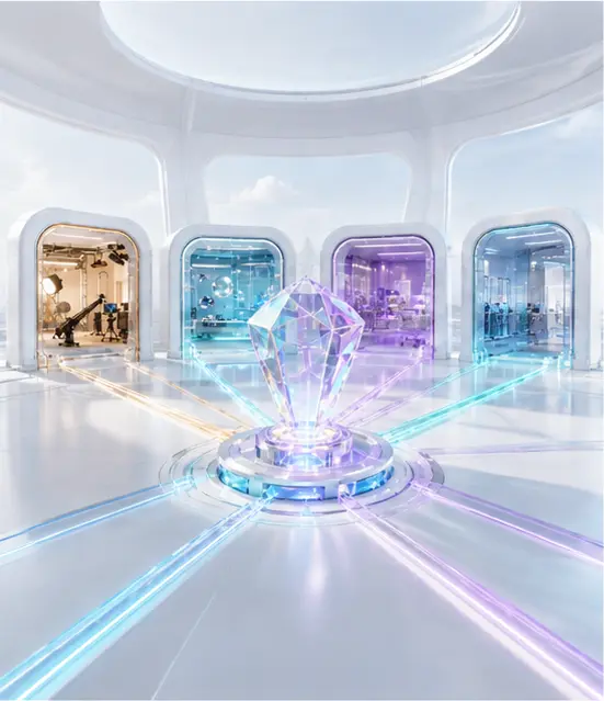 Luminous IPXS service worlds connected through a crystalline production core