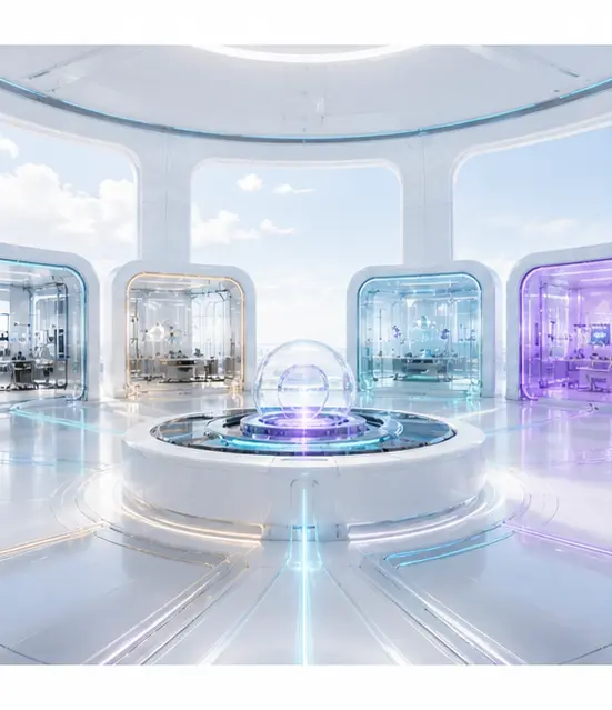 Modular white-label command rooms connected around a central control core