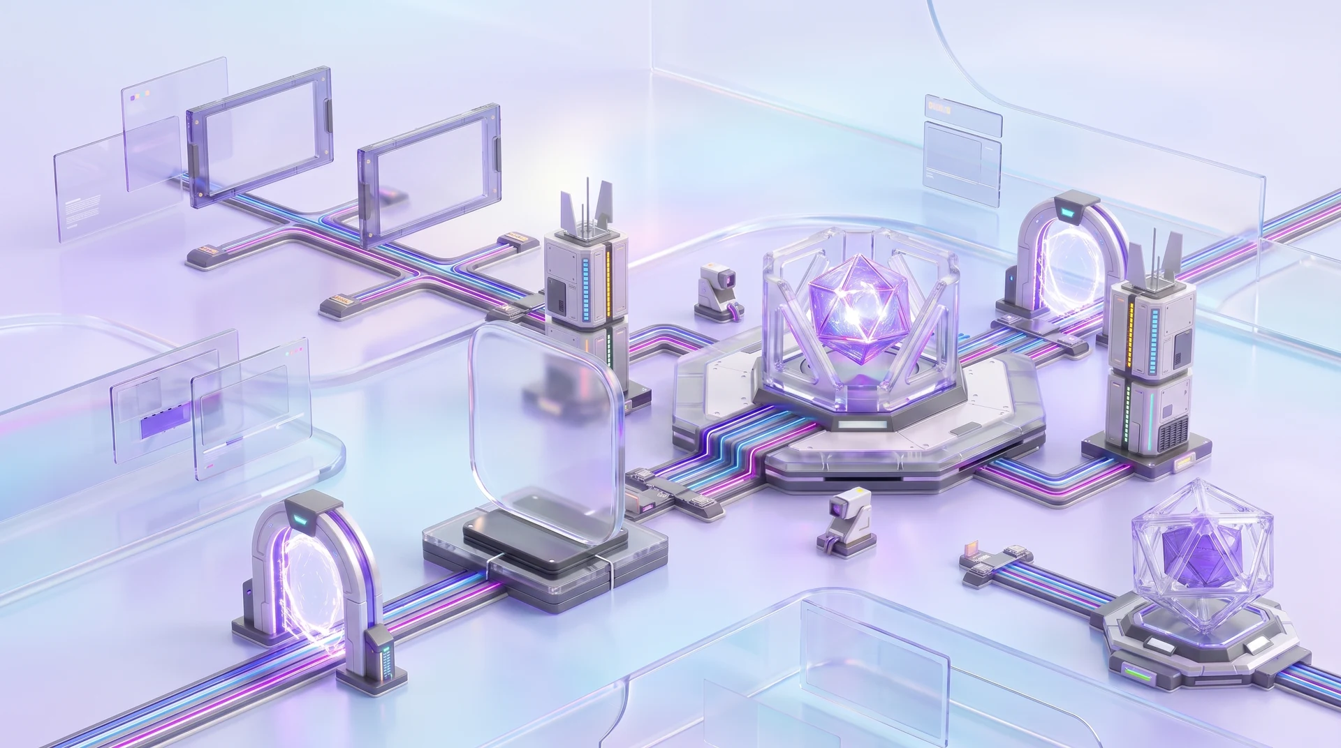 IPXS creative and technical production factory with a crystalline Braxton core, Sentinel agents, branded glass cells, and routed evidence rails